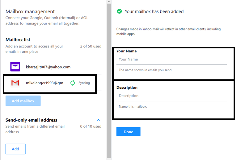 Add name and description for the alias email in Yahoo