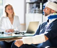 A patient sits in a wheelchair, bandaged, in front of a doctor