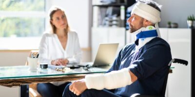 A patient sits in a wheelchair, bandaged, in front of a doctor