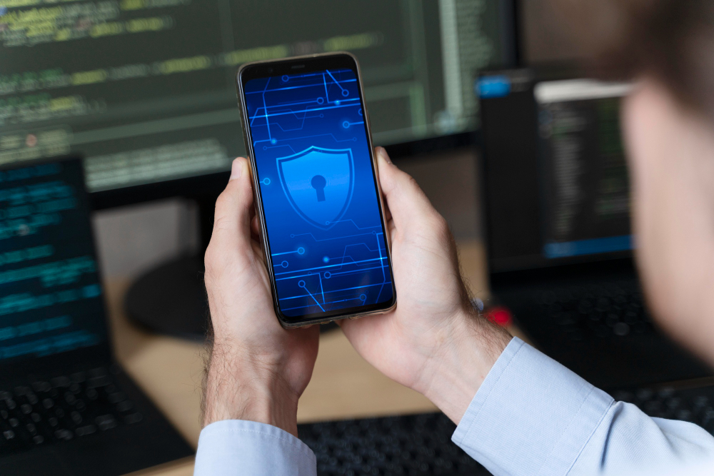 man holding smartphone with lock