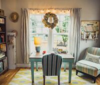 Beige Table Lamp on Table With Chair in Room